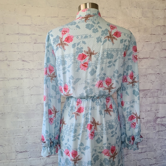 Vintage 1970s Semi Sheer Long Sleeve Blue Pink Floral Print Secretary Dress 12 - Picture 5 of 10